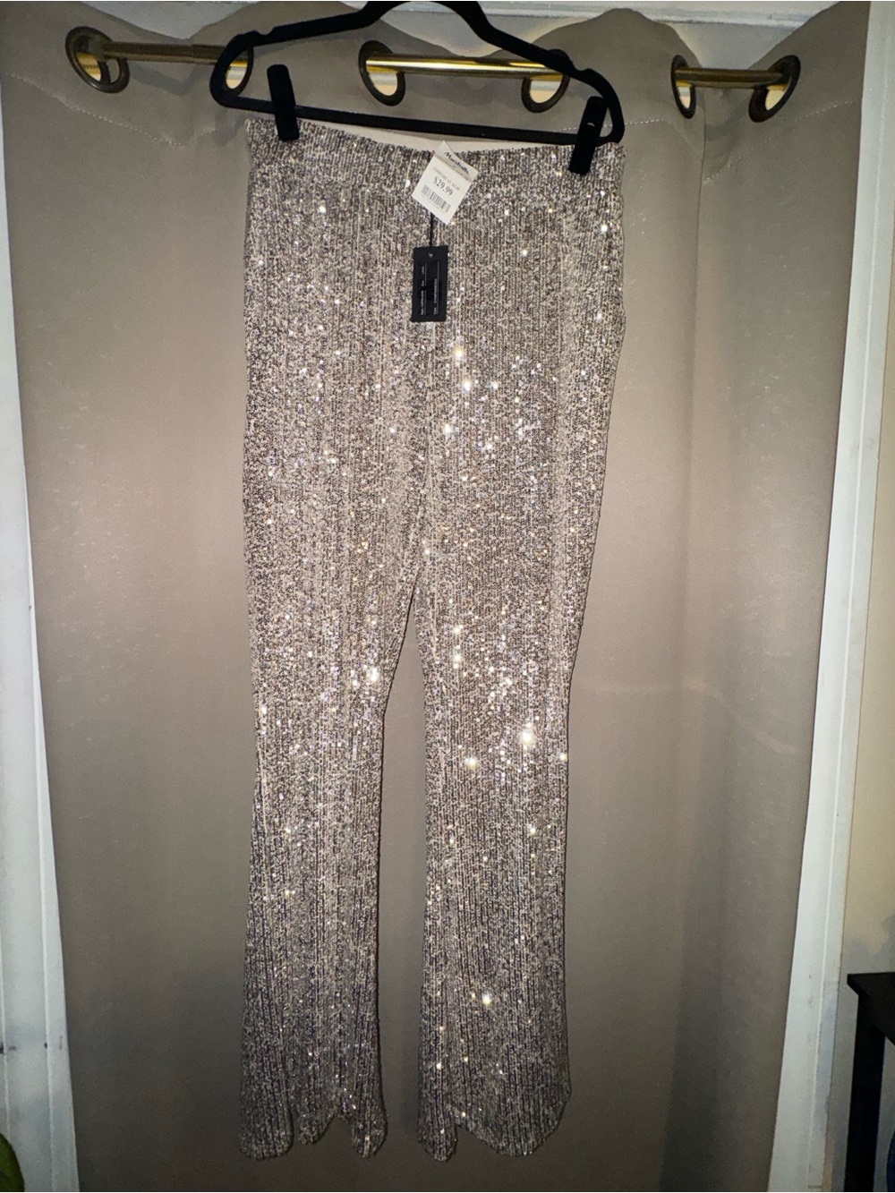 Cable & Gauge Sequin Boot-Cut Pants in Champagne Silver